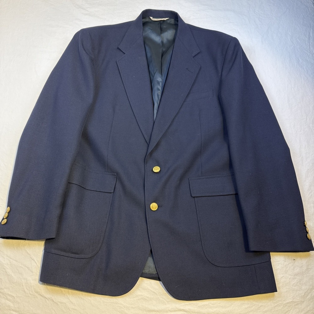 Stafford Blazer Jacket Sport Coat Mens 46L Navy Gold Buttons Wool/ Poly VTG